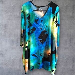 Valentina Blouse Jewel Tone Blue Green Gold Abstract Swirl Embellishments Large